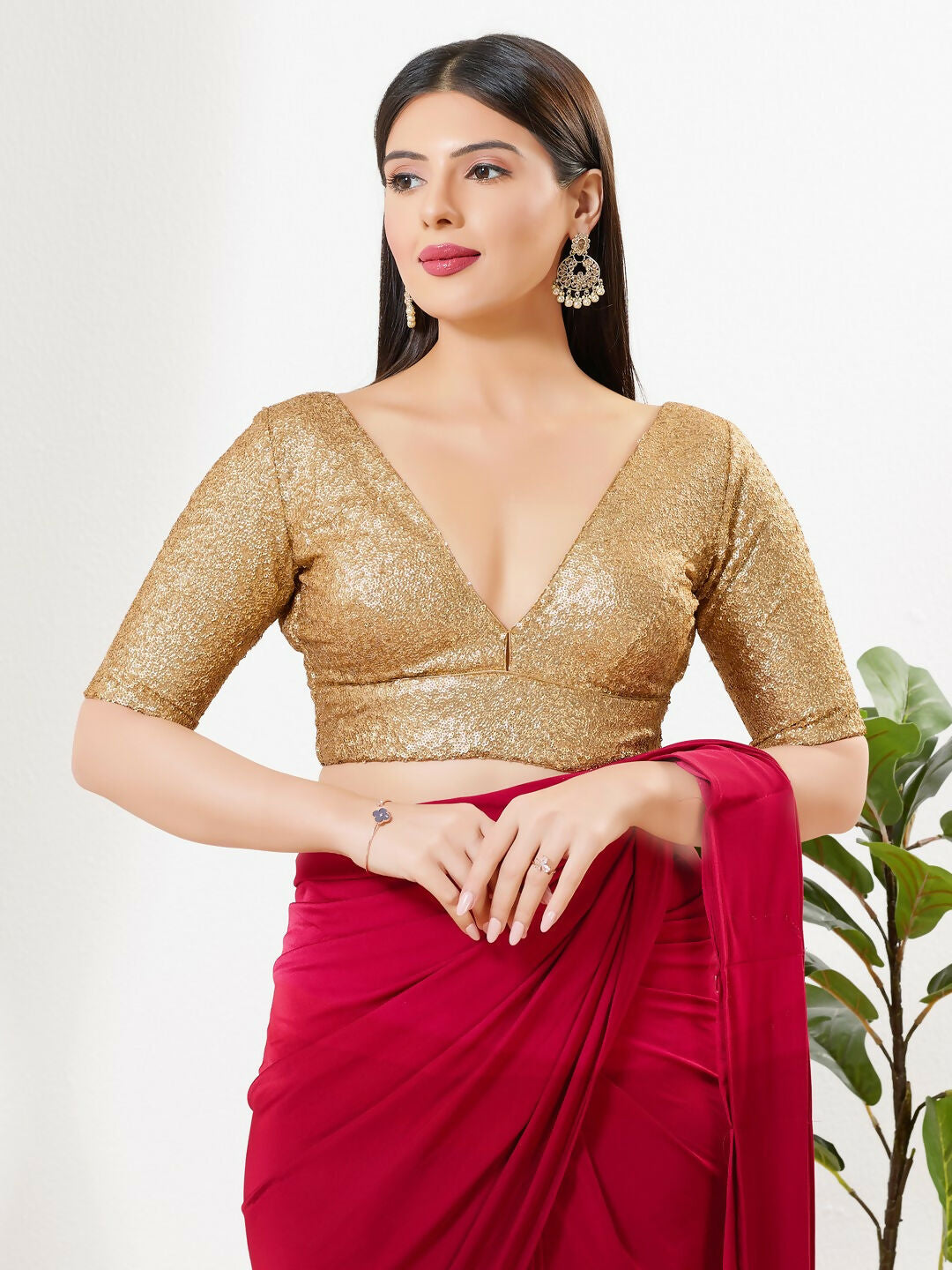 Joban Fashion Gold Silk Padded Blouse With V Neck Elbow Sleeves | Grocsy