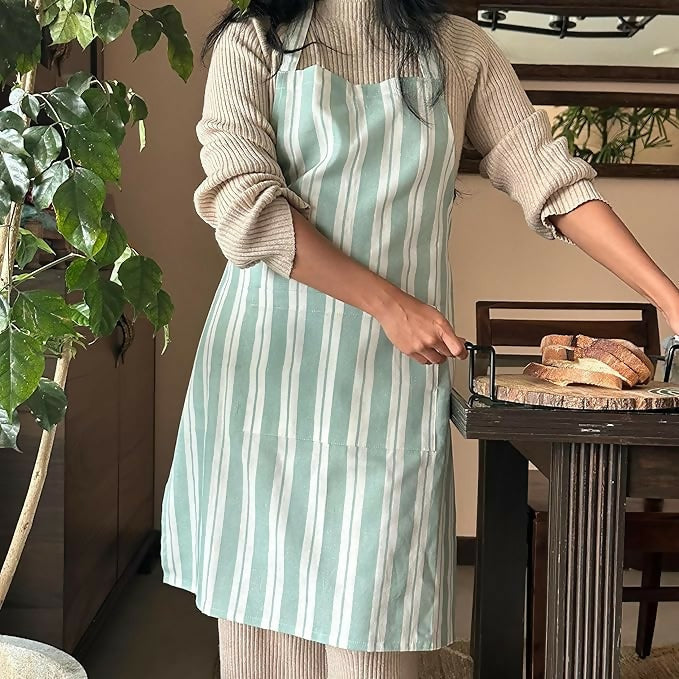 Oak & Lily 100% Cotton Kitchen Apron-Green Striped | Grocsy