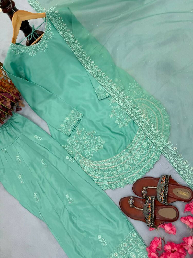Teeya Creation Turquoise Color Natural Creap Silk Designer Fancy Party Wear Salwar Suit | Grocsy