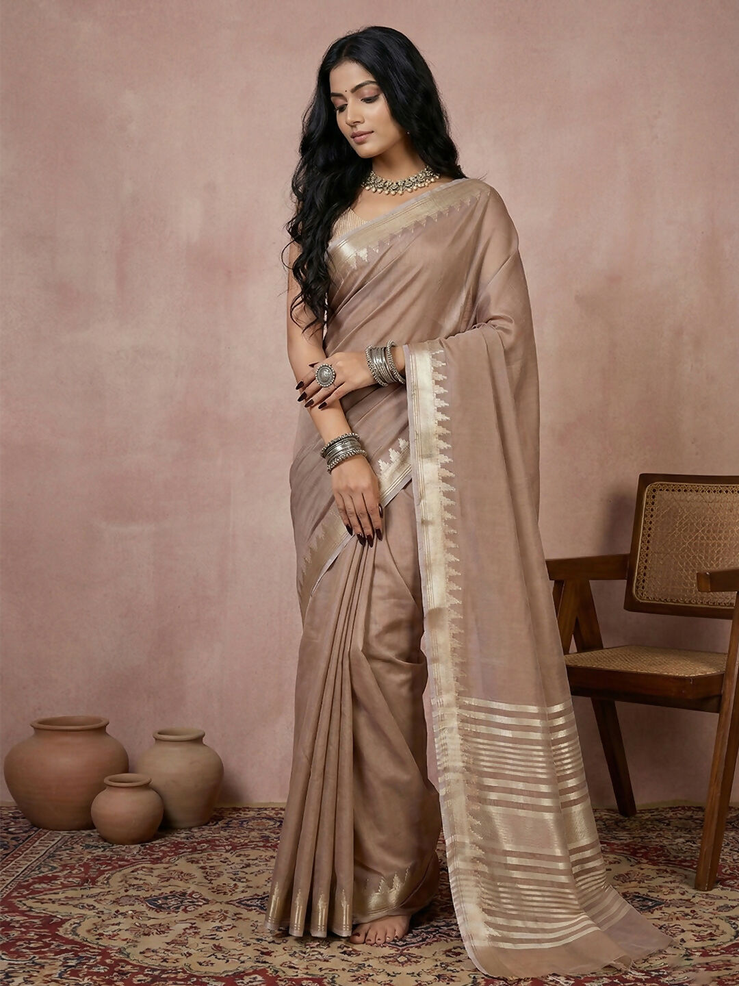Shree Shyam Fashion Beige Cotton Saree | Grocsy