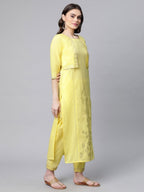 Ahalyaa Women Yellow Pure Cotton Printed Floral Kurta With Trousers | Grocsy