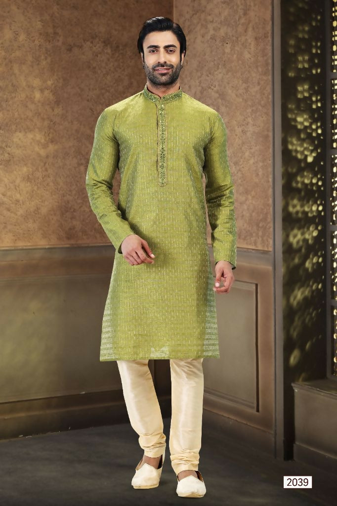 Raivat Ethnic Jacquard Art Silk Mirror and Thread Work Kurta Pajama In Green Colour | Grocsy