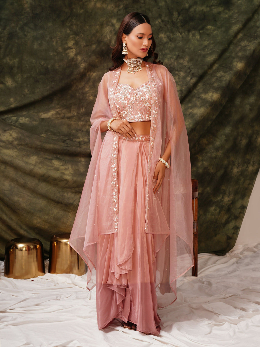 Peach Pure Crepe Handwork Top with Skirt & Shrug - Naomika | Grocsy