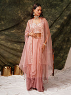 Peach Pure Crepe Handwork Top with Skirt & Shrug - Naomika | Grocsy