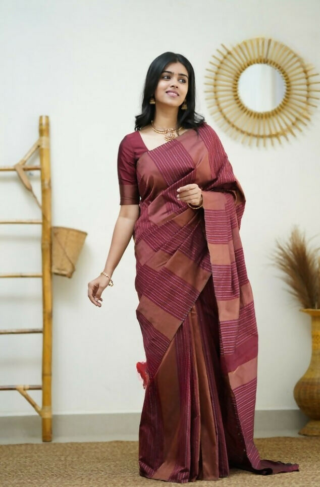 Partywear Designer Maroon Banarasi Silk Fancy Saree - Starwalk | Grocsy