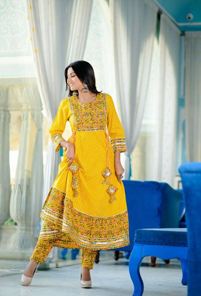 Yufta Women Yellow Handblock Anarkali Kurta with Trouser & Dupatta | Grocsy