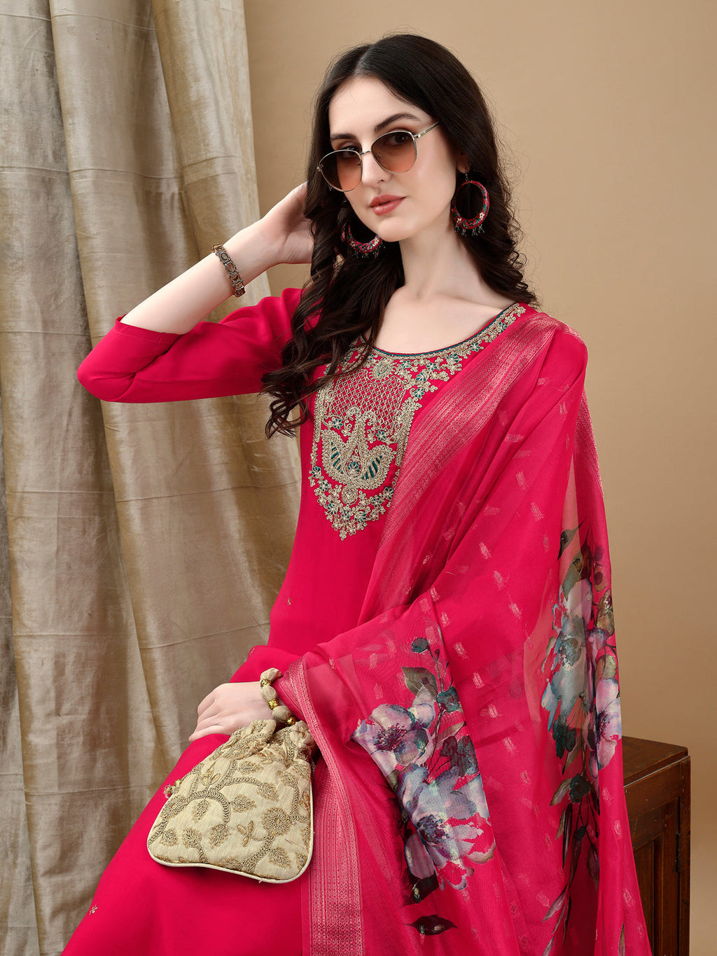 Hand Embroidered & Lace Detailed Kurta With Pant & Dupatta, Pink - Hiral Fashion | Grocsy