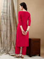 Hand Embroidered & Lace Detailed Kurta With Pant & Dupatta, Pink - Hiral Fashion | Grocsy