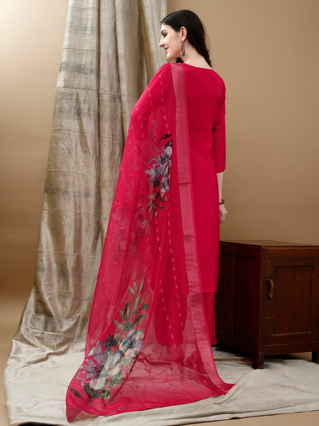 Hand Embroidered & Lace Detailed Kurta With Pant & Dupatta, Pink - Hiral Fashion | Grocsy