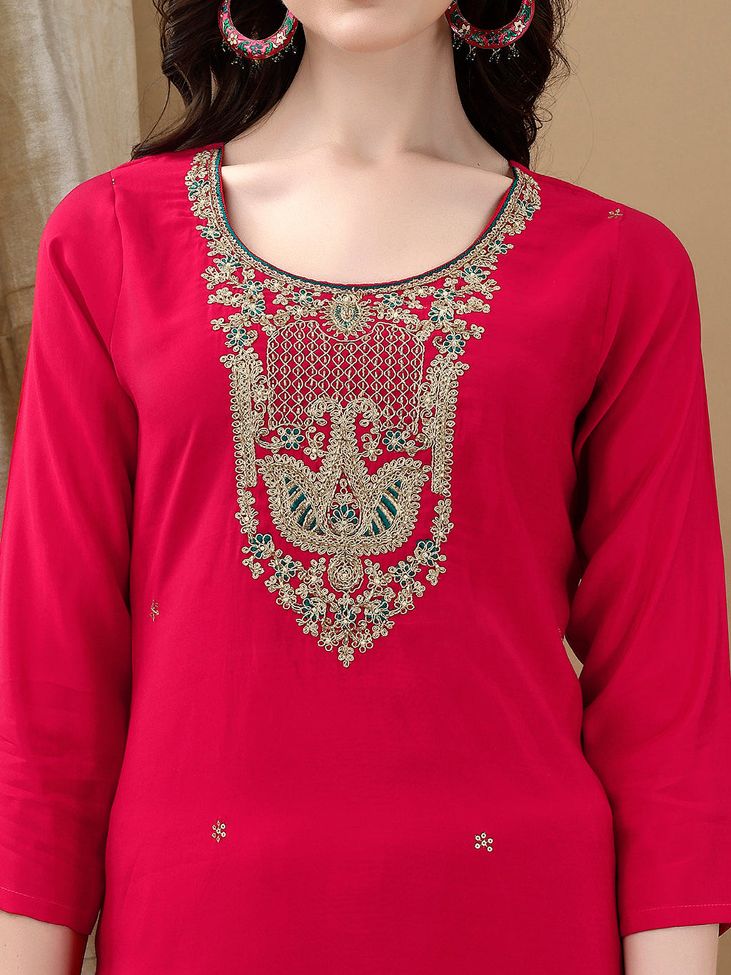 Hand Embroidered & Lace Detailed Kurta With Pant & Dupatta, Pink - Hiral Fashion | Grocsy