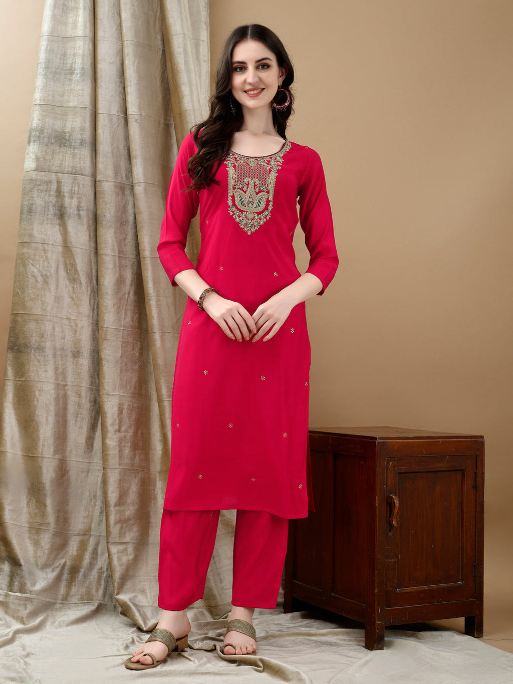 Hand Embroidered & Lace Detailed Kurta With Pant & Dupatta, Pink - Hiral Fashion | Grocsy