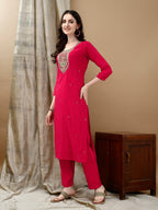 Hand Embroidered & Lace Detailed Kurta With Pant & Dupatta, Pink - Hiral Fashion | Grocsy