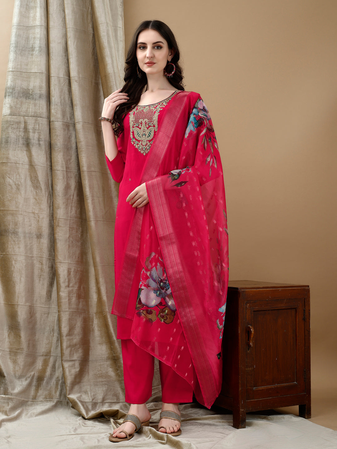Hand Embroidered & Lace Detailed Kurta With Pant & Dupatta, Pink - Hiral Fashion | Grocsy