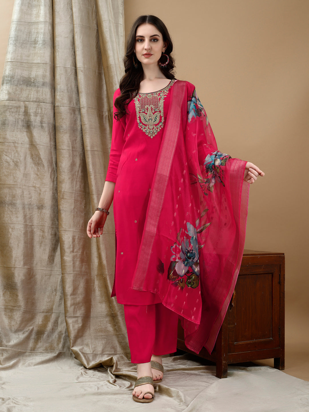 Hand Embroidered & Lace Detailed Kurta With Pant & Dupatta, Pink - Hiral Fashion | Grocsy