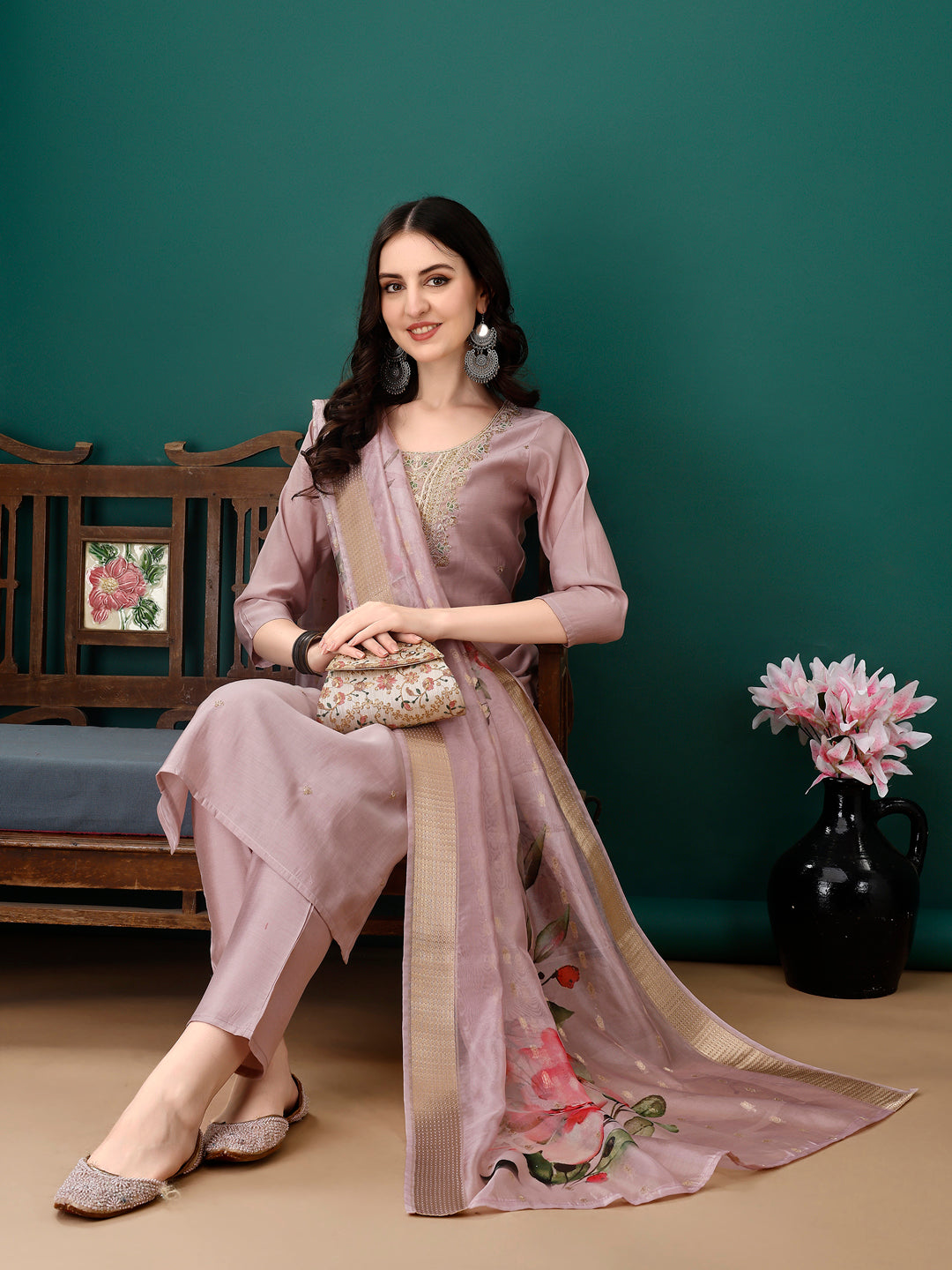 Hand Embroidered Kurta With Pant & Dupatta, Lavender - Hiral Fashion | Grocsy