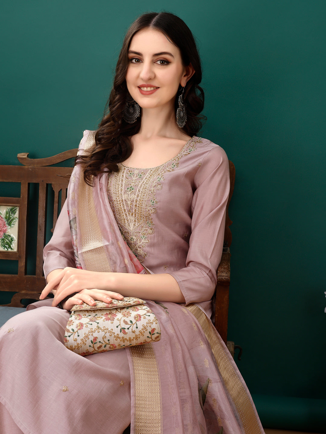 Hand Embroidered Kurta With Pant & Dupatta, Lavender - Hiral Fashion | Grocsy