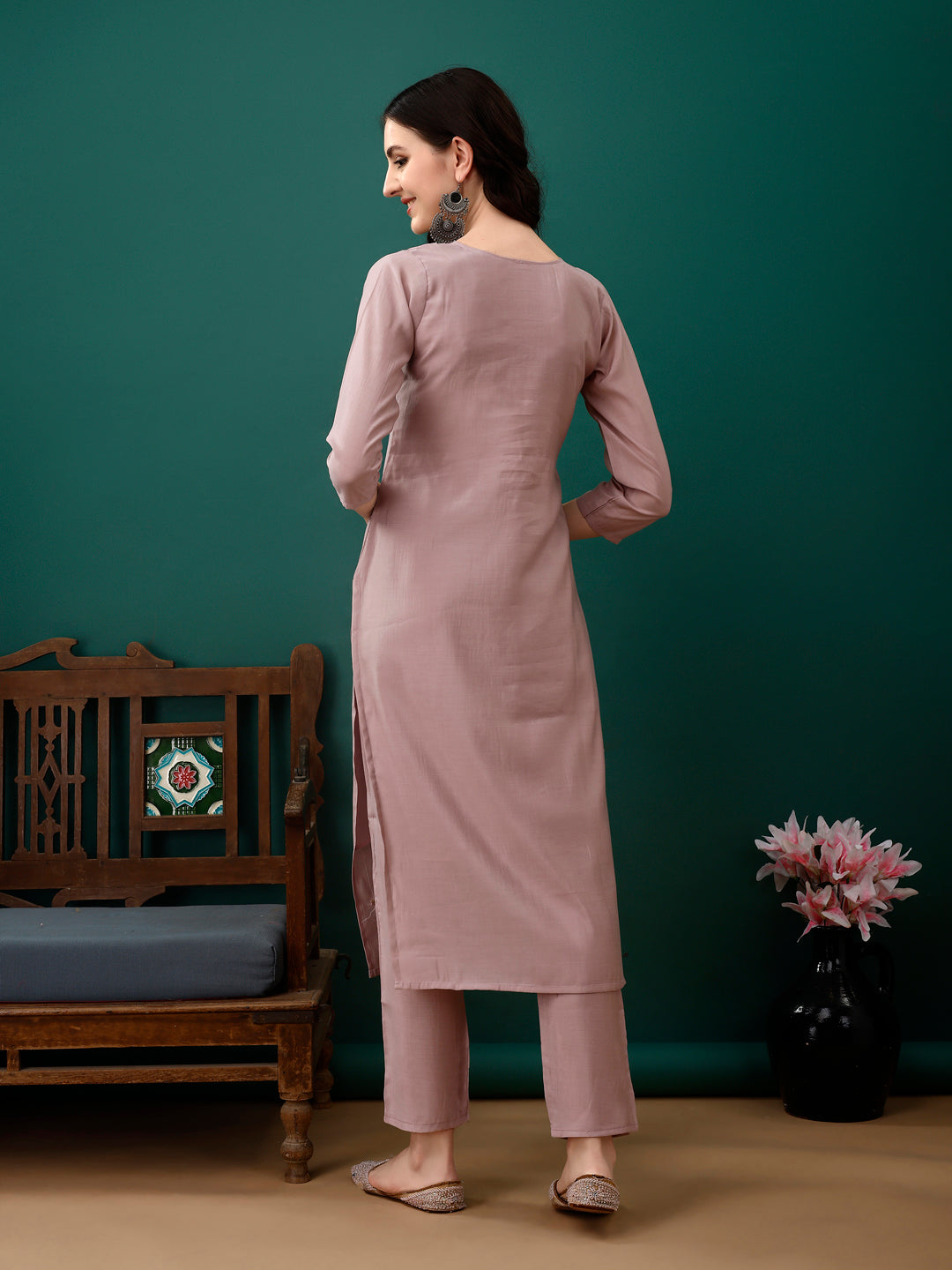 Hand Embroidered Kurta With Pant & Dupatta, Lavender - Hiral Fashion | Grocsy