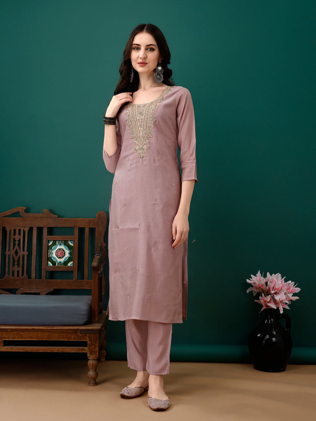 Hand Embroidered Kurta With Pant & Dupatta, Lavender - Hiral Fashion | Grocsy