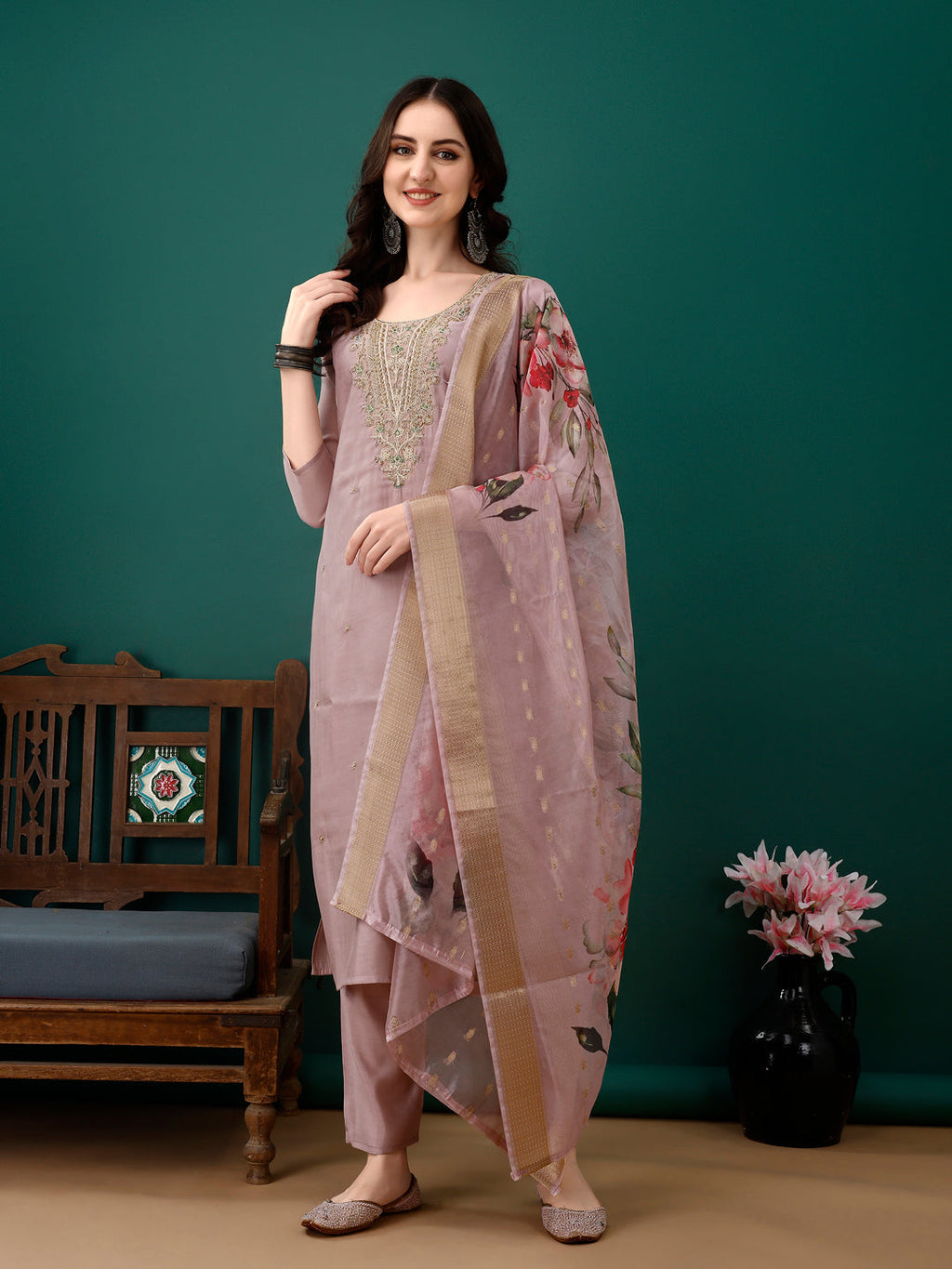 Hand Embroidered Kurta With Pant & Dupatta, Lavender - Hiral Fashion | Grocsy