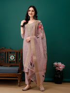 Hand Embroidered Kurta With Pant & Dupatta, Lavender - Hiral Fashion | Grocsy