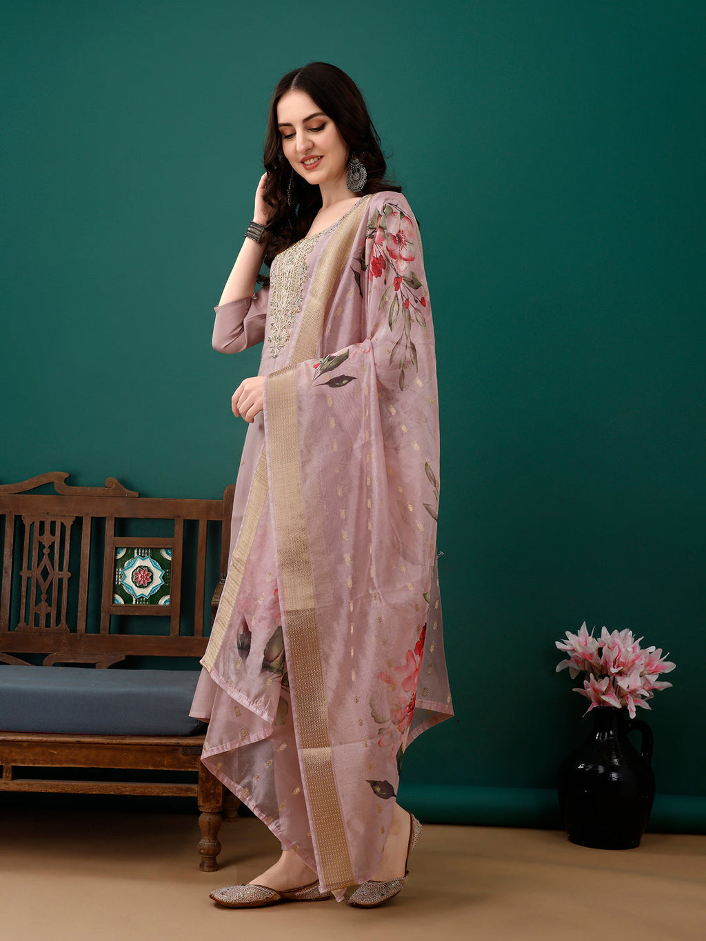 Hand Embroidered Kurta With Pant & Dupatta, Lavender - Hiral Fashion | Grocsy