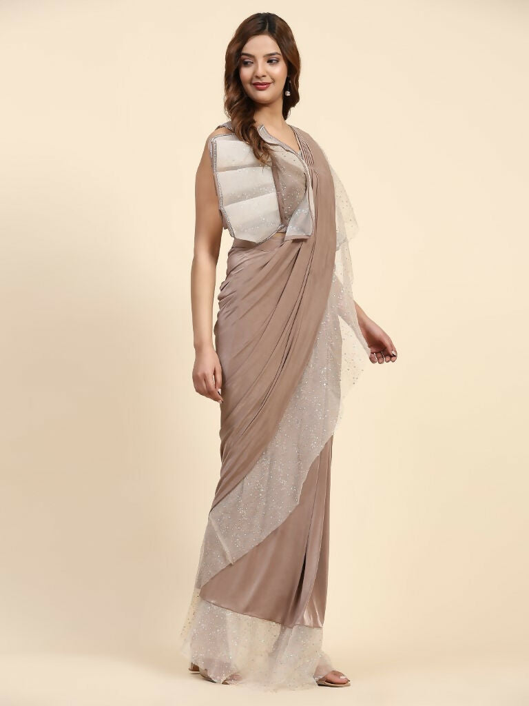 Light Brown Lycra Solid Ready to Wear Saree with stitched Blouse - Nita | Grocsy