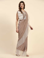 Light Brown Lycra Solid Ready to Wear Saree with stitched Blouse - Nita | Grocsy