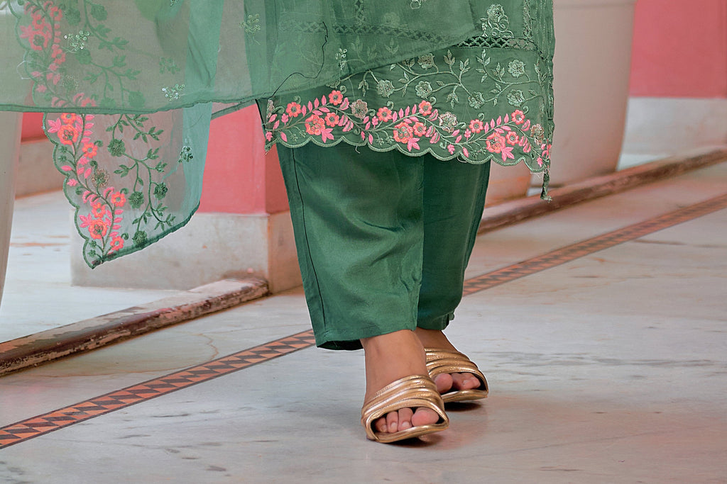 Hand Embroidered & Lace Detailed Kurta With Pant & Dupatta Premium Luxury, Multicolor - Hiral Fashion | Grocsy