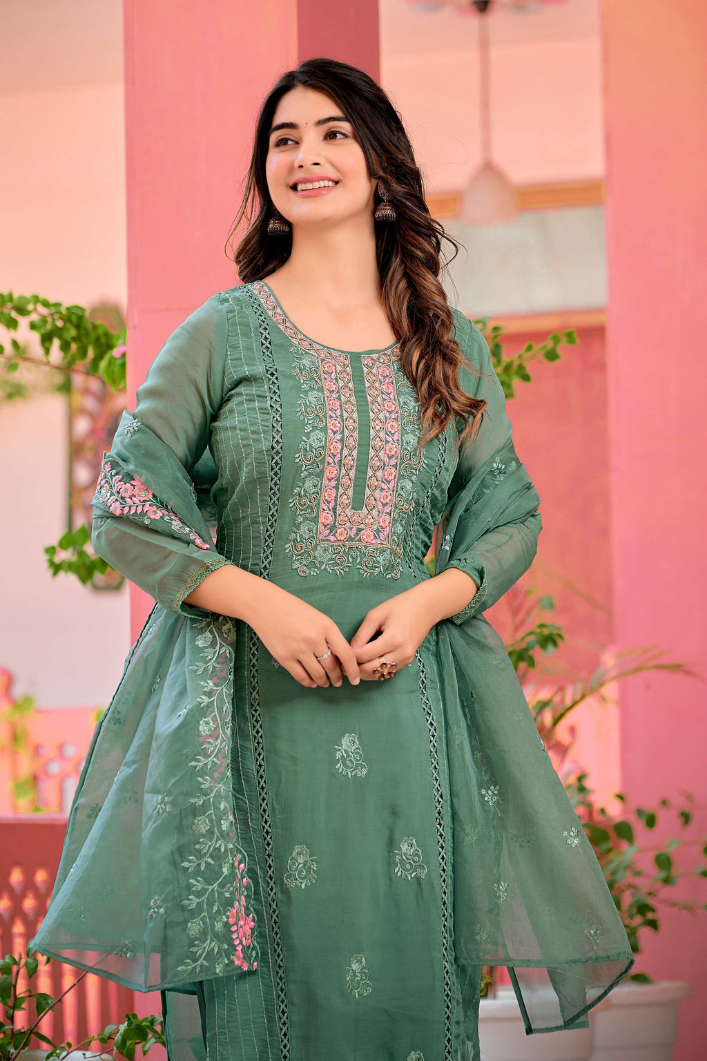 Hand Embroidered & Lace Detailed Kurta With Pant & Dupatta Premium Luxury, Multicolor - Hiral Fashion | Grocsy