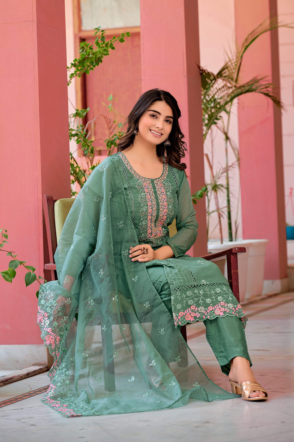 Hand Embroidered & Lace Detailed Kurta With Pant & Dupatta Premium Luxury, Multicolor - Hiral Fashion | Grocsy