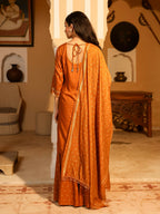 Juniper Women's The Swarn Mustard Ethnic Motif Printed Rayon Kurta Pant And Dupatta With Zari Work & Sequins | Grocsy