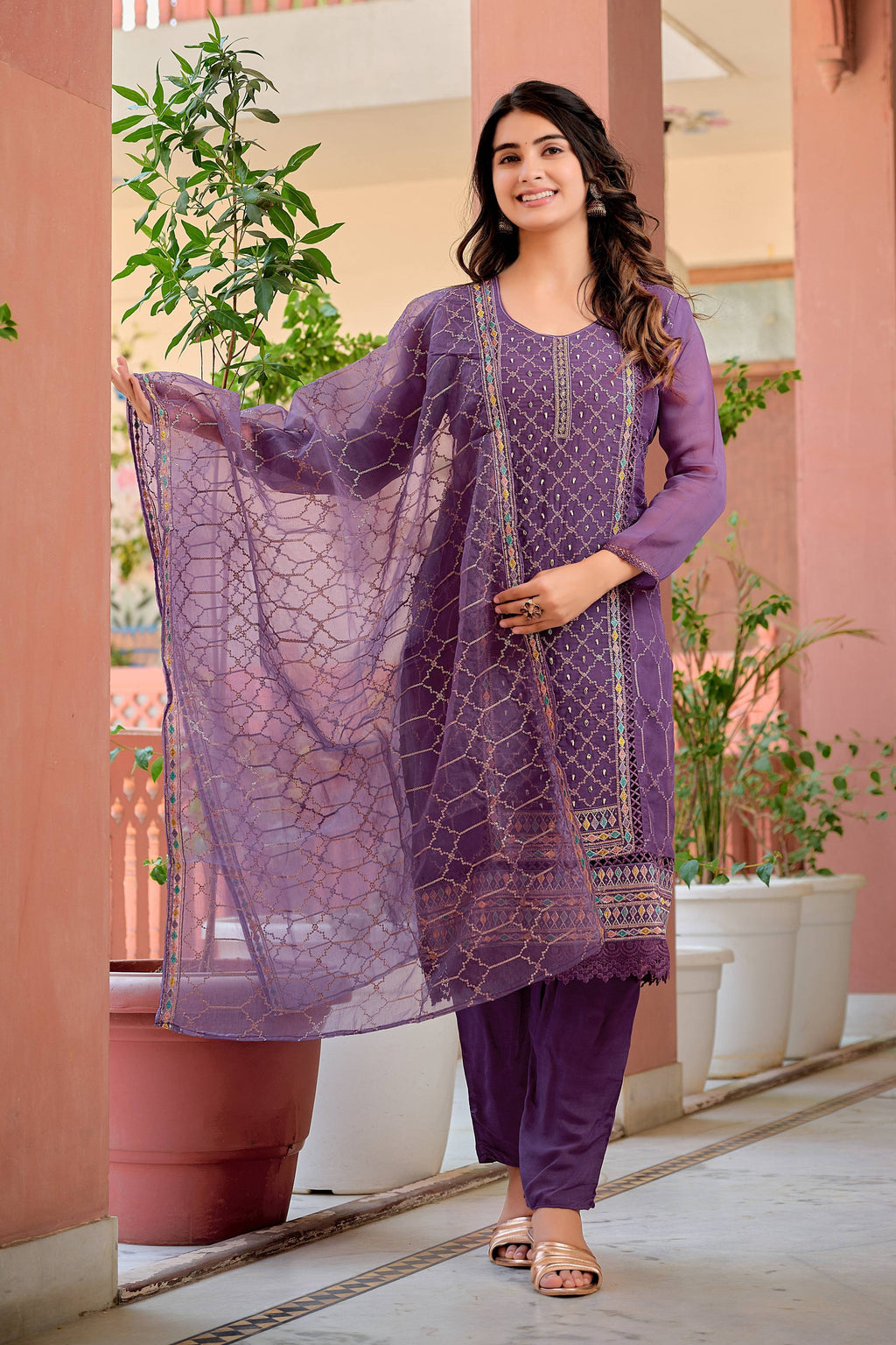 Hand Embroidered & Lace Detailed Kurta With Pant & Dupatta Premium Luxury, Multicolor - Hiral Fashion | Grocsy