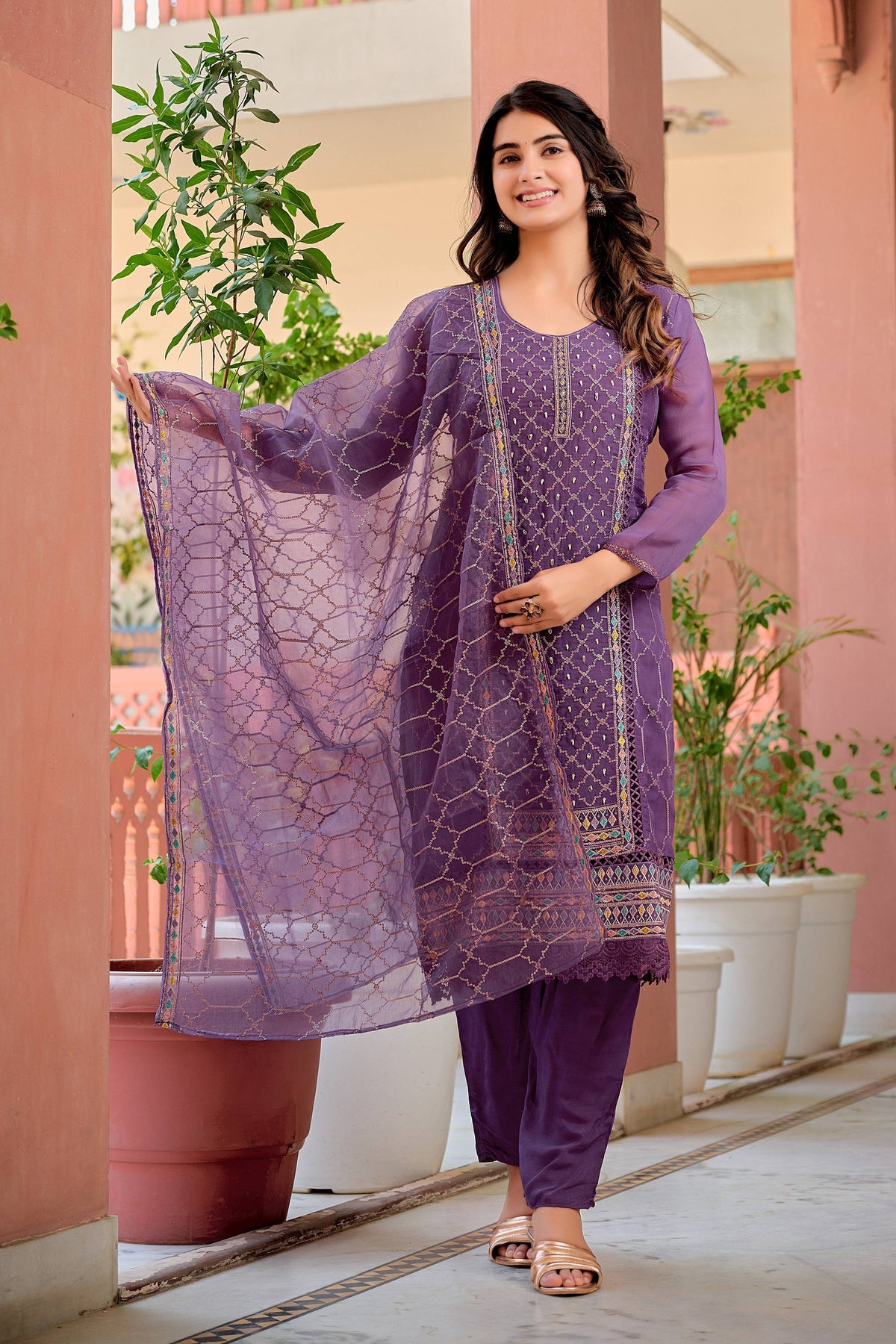 Hand Embroidered & Lace Detailed Kurta With Pant & Dupatta Premium Luxury, Multicolor - Hiral Fashion | Grocsy