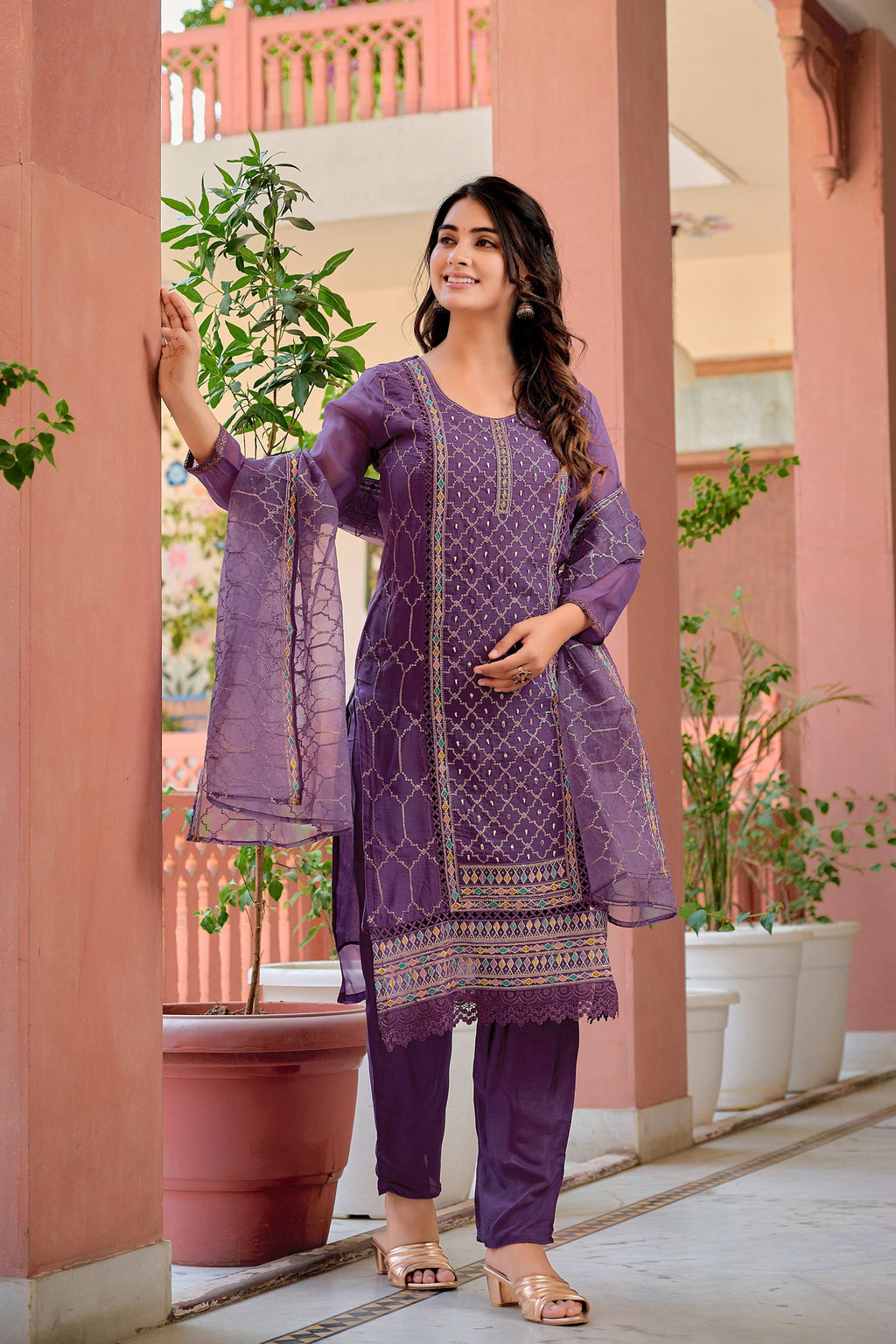Hand Embroidered & Lace Detailed Kurta With Pant & Dupatta Premium Luxury, Multicolor - Hiral Fashion | Grocsy