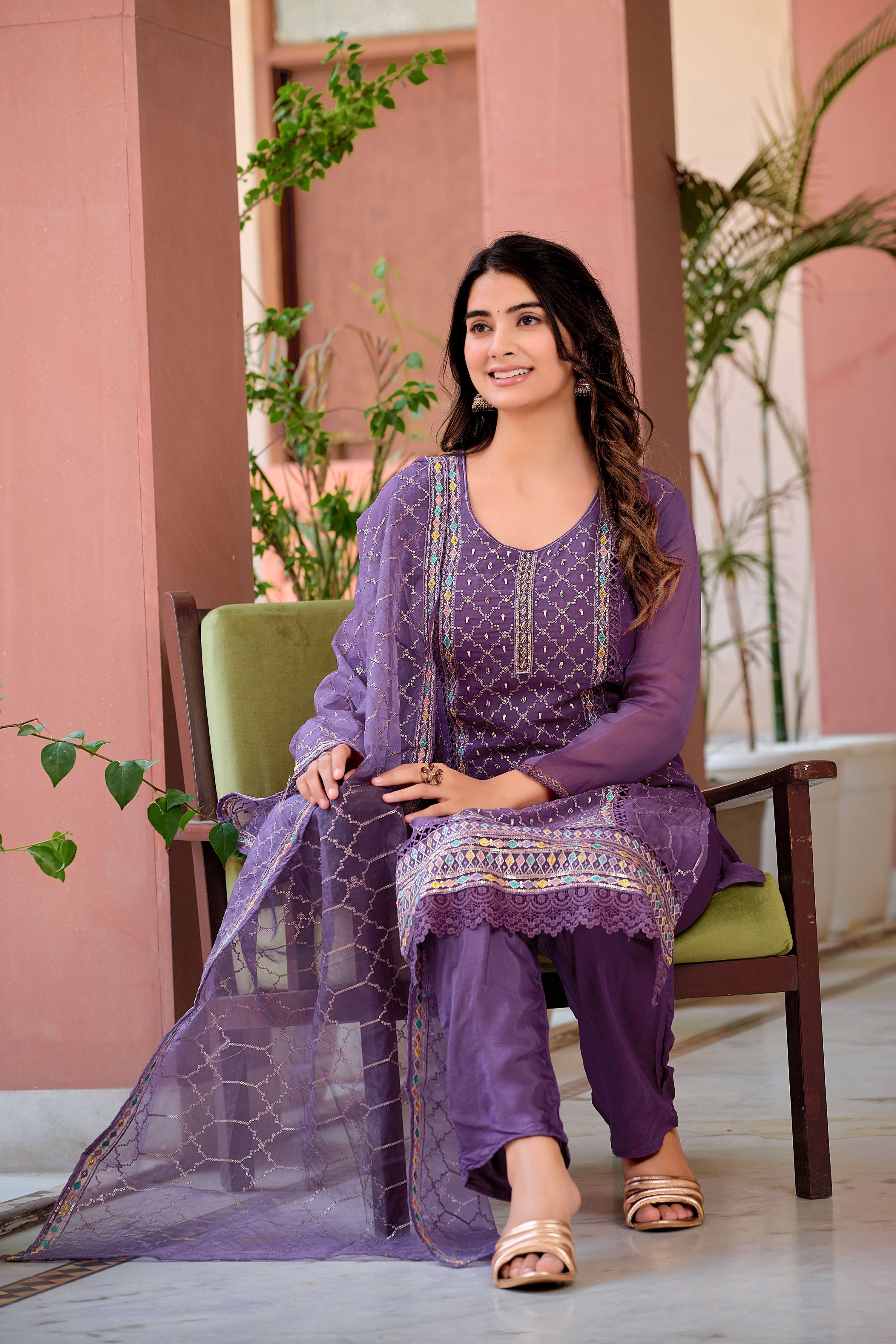 Hand Embroidered & Lace Detailed Kurta With Pant & Dupatta Premium Luxury, Multicolor - Hiral Fashion | Grocsy