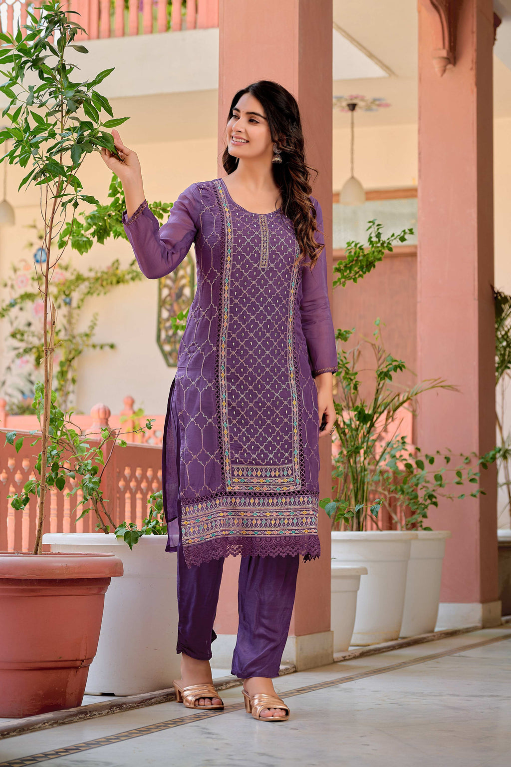 Hand Embroidered & Lace Detailed Kurta With Pant & Dupatta Premium Luxury, Multicolor - Hiral Fashion | Grocsy