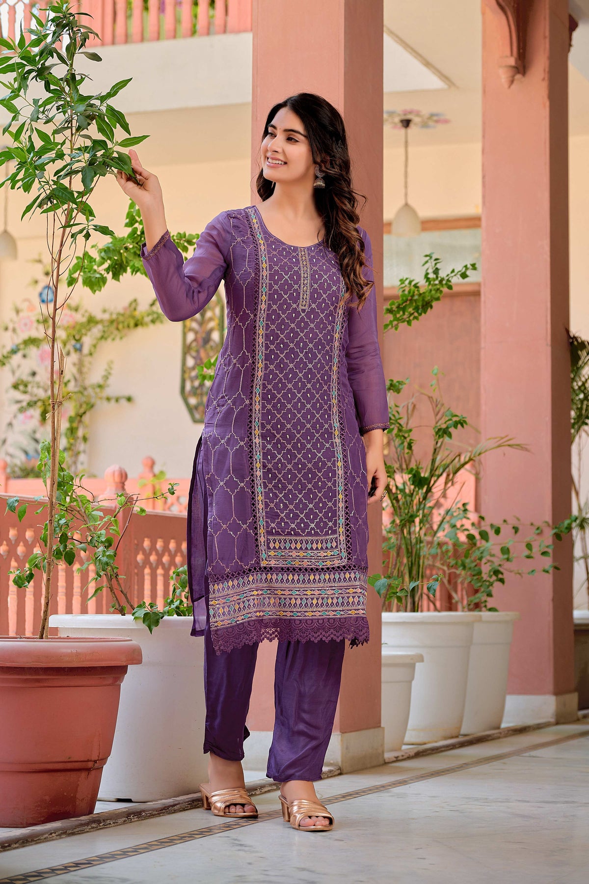 Hand Embroidered & Lace Detailed Kurta With Pant & Dupatta Premium Luxury, Multicolor - Hiral Fashion | Grocsy