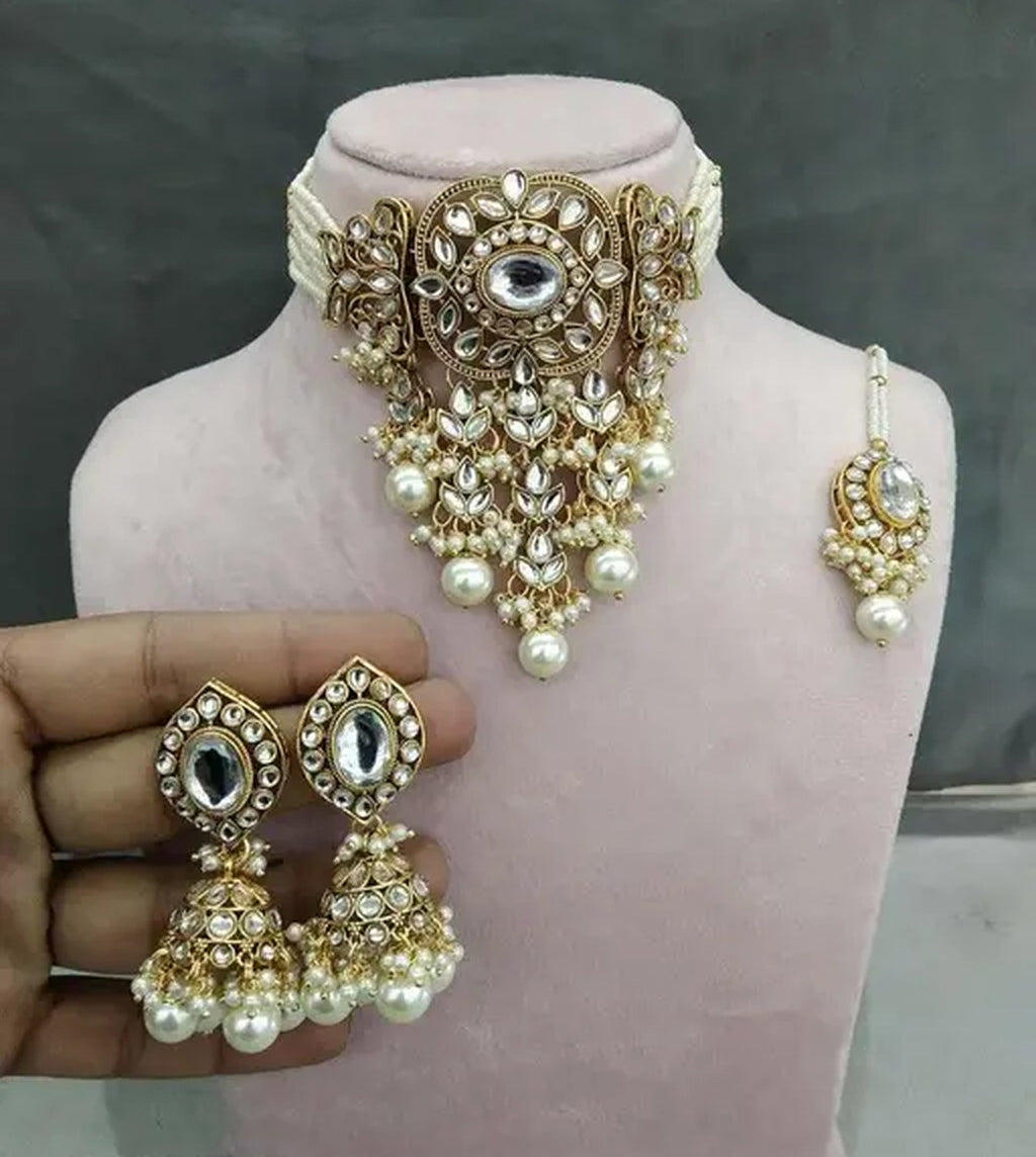 Jewel City Traditional Kundan Pearl Bridal Choker Necklace Set | Handcrafted Gold-Plated Ethnic Indian Jewelry for Weddings, Festivals & Parties | Grocsy