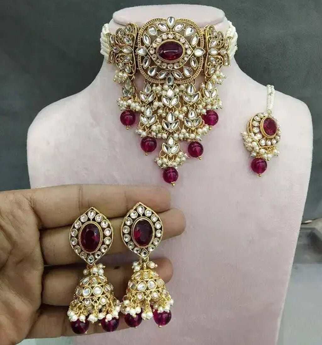 Jewel City Kundan Pearl Bridal Choker Set Traditional Gold-Plated Indian Jewelry Handcrafted Necklace, Earrings & Maang Tikka | Grocsy