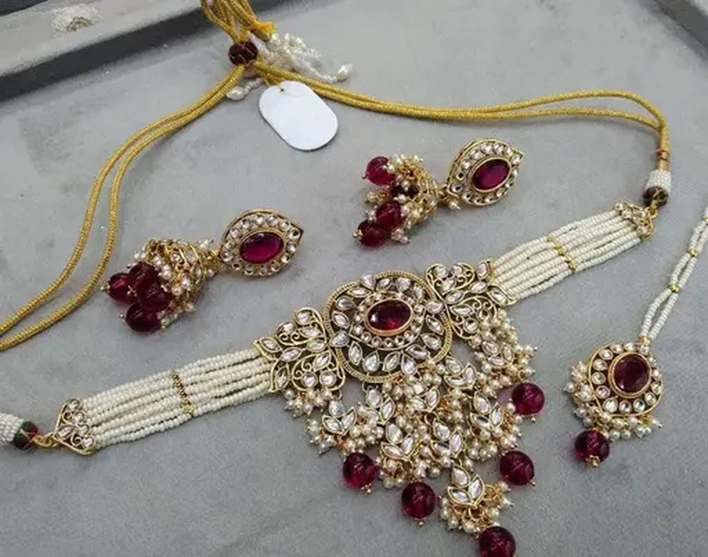 Jewel City Kundan Pearl Bridal Choker Set Traditional Gold-Plated Indian Jewelry Handcrafted Necklace, Earrings & Maang Tikka | Grocsy