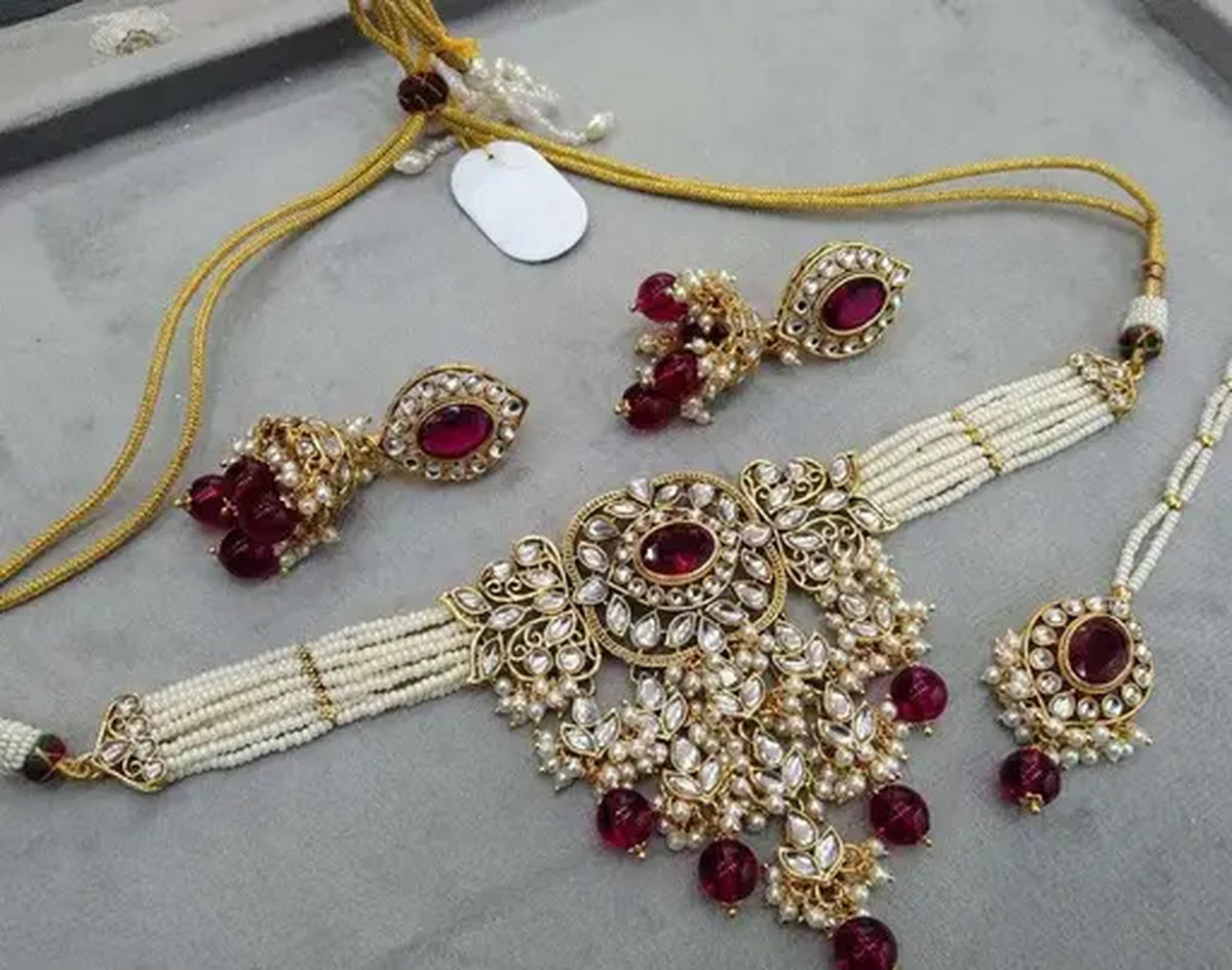 Jewel City Kundan Pearl Bridal Choker Set Traditional Gold-Plated Indian Jewelry Handcrafted Necklace, Earrings & Maang Tikka | Grocsy