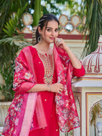 Hand Embroidered Kurta With Pant & Printed Dupatta Luxury Premium, Multicolor - Hiral Fashion | Grocsy