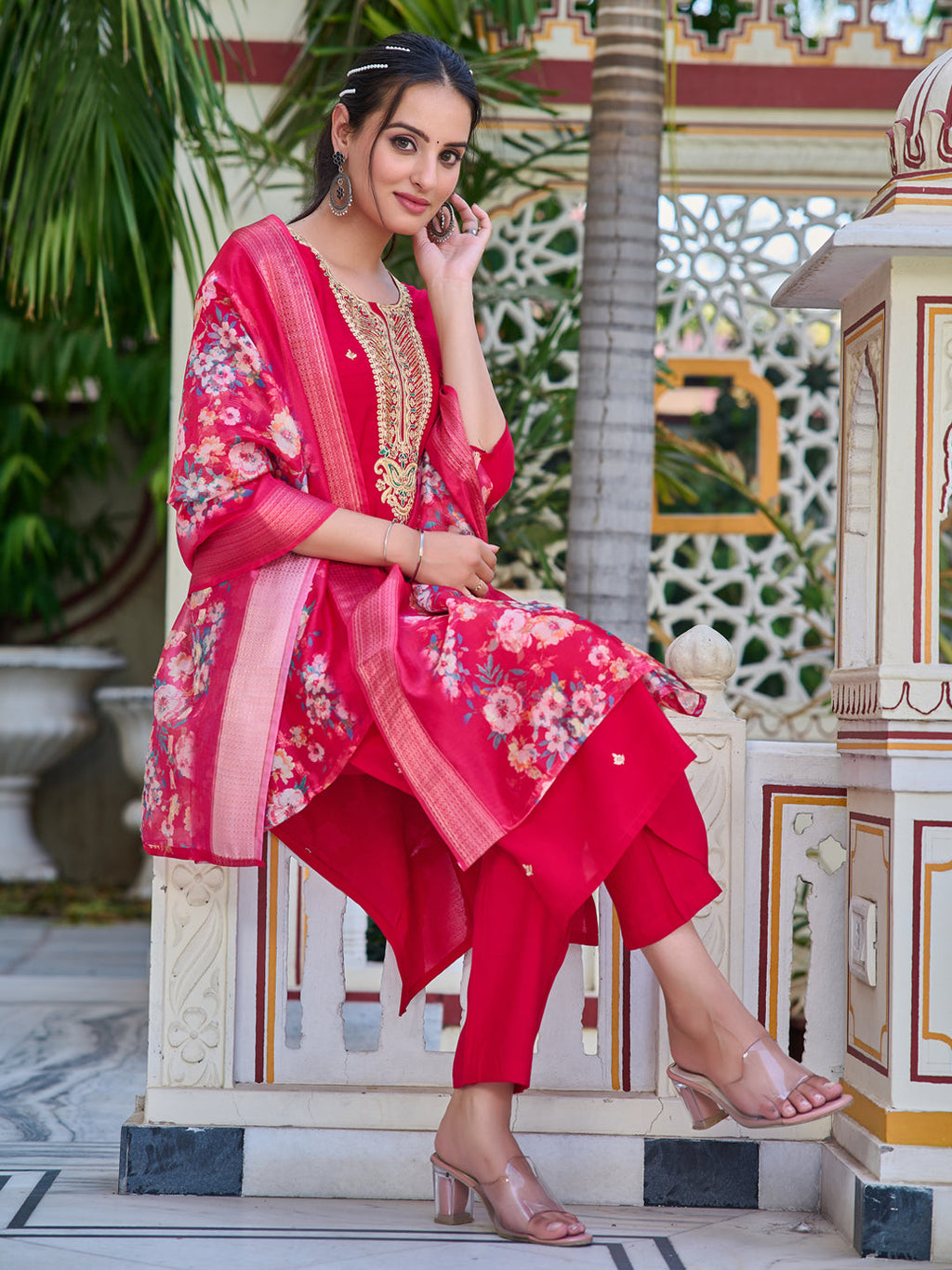 Hand Embroidered Kurta With Pant & Printed Dupatta Luxury Premium, Multicolor - Hiral Fashion | Grocsy