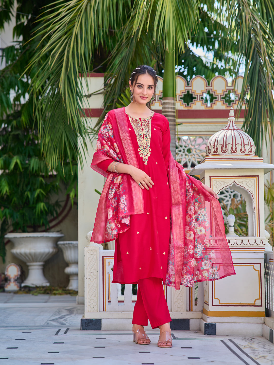 Hand Embroidered Kurta With Pant & Printed Dupatta Luxury Premium, Multicolor - Hiral Fashion | Grocsy