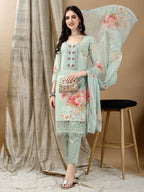 Schiffli Embroidered Kurta With Pant & Printed Dupatta Luxury Premium, Green - Hiral Fashion | Grocsy