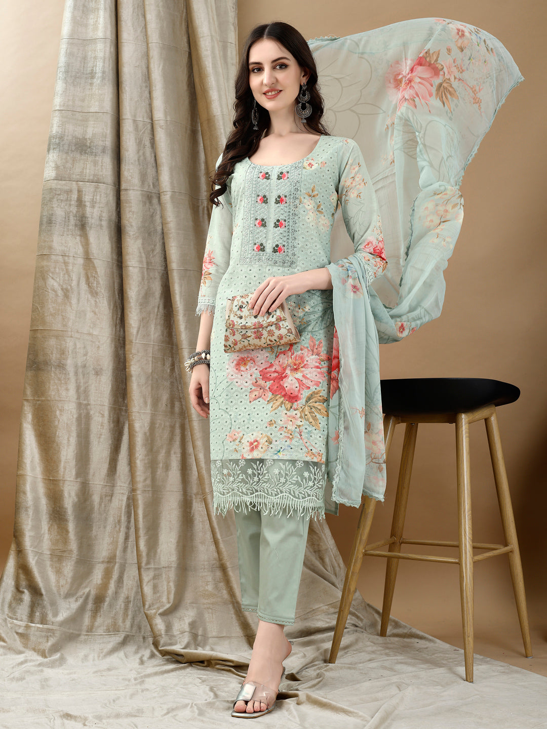 Schiffli Embroidered Kurta With Pant & Printed Dupatta Luxury Premium, Green - Hiral Fashion | Grocsy