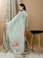 Schiffli Embroidered Kurta With Pant & Printed Dupatta Luxury Premium, Green - Hiral Fashion | Grocsy