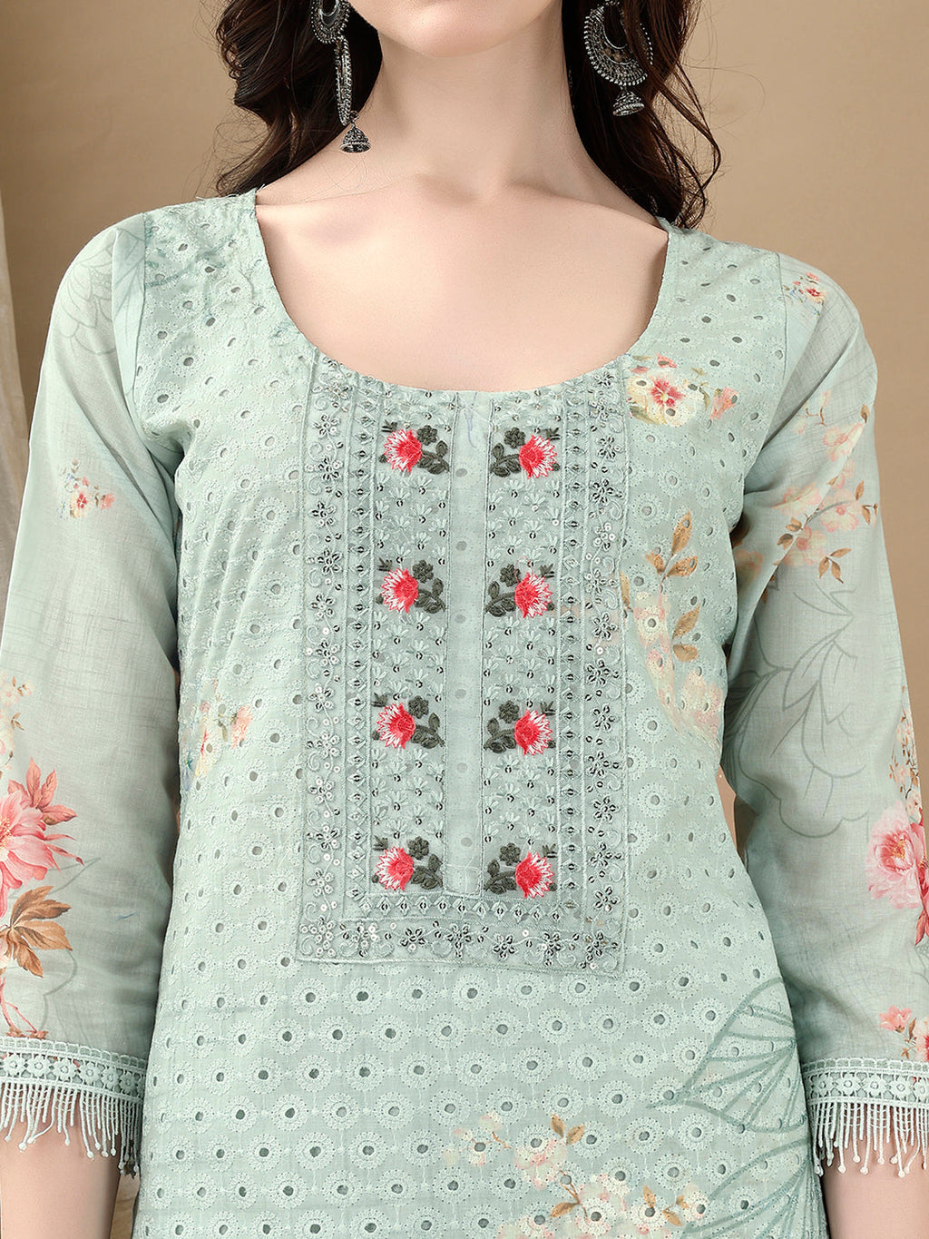 Schiffli Embroidered Kurta With Pant & Printed Dupatta Luxury Premium, Green - Hiral Fashion | Grocsy