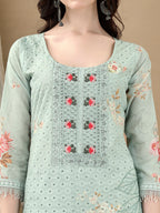 Schiffli Embroidered Kurta With Pant & Printed Dupatta Luxury Premium, Green - Hiral Fashion | Grocsy