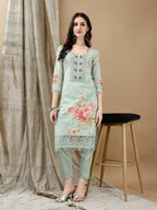 Schiffli Embroidered Kurta With Pant & Printed Dupatta Luxury Premium, Green - Hiral Fashion | Grocsy
